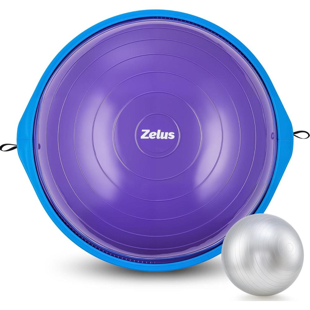 imageZELUS 25in Balance Ball 660lb Inflatable Half Exercise Ball Wobble Board Balance Trainer w Nonslip Base Half Yoga Ball Strength Training Equipment w 2 Bands Pump Extra Ball IncludedPurple SurfaceBlue Base