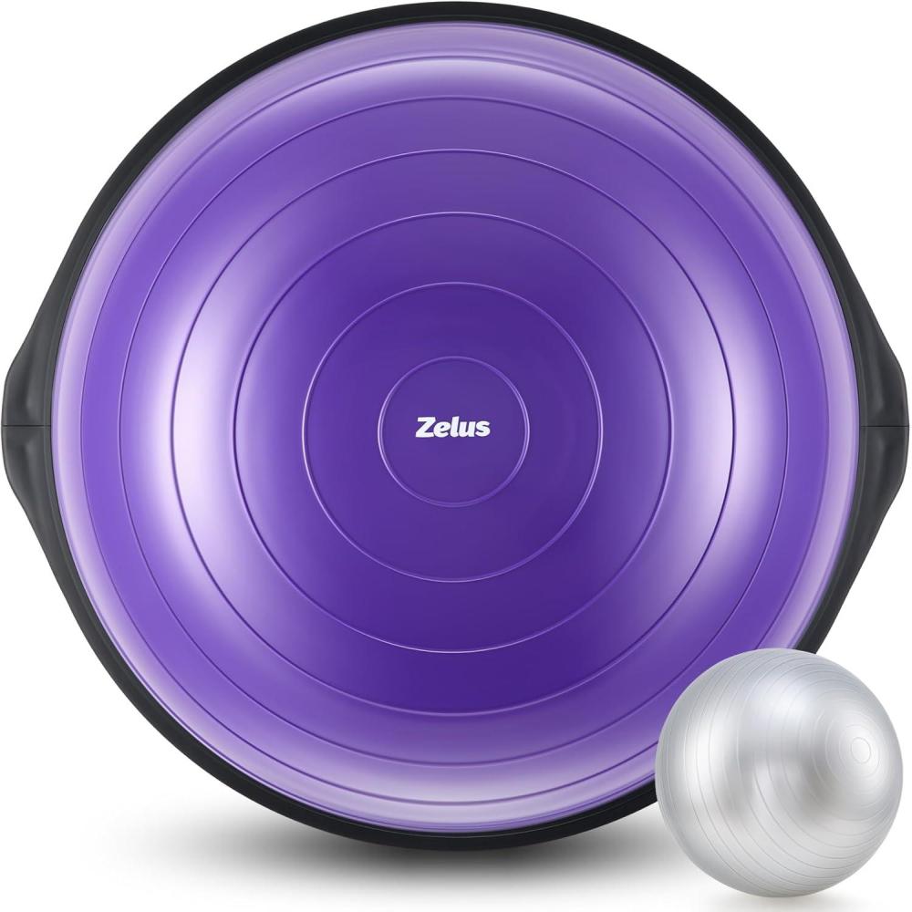 imageZELUS 25in Balance Ball 660lb Inflatable Half Exercise Ball Wobble Board Balance Trainer w Nonslip Base Half Yoga Ball Strength Training Equipment w 2 Bands Pump Extra Ball IncludedPurple