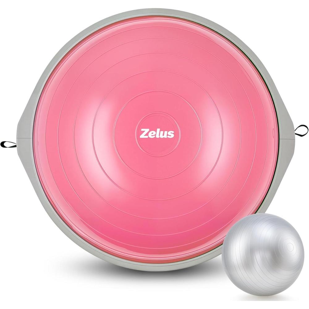 imageZELUS 25in Balance Ball 660lb Inflatable Half Exercise Ball Wobble Board Balance Trainer w Nonslip Base Half Yoga Ball Strength Training Equipment w 2 Bands Pump Extra Ball IncludedPink SurfaceGray Base