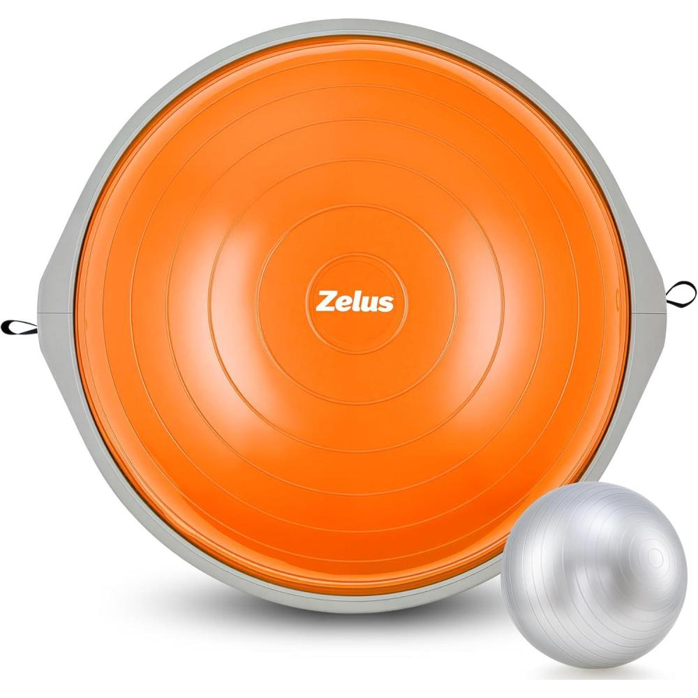 imageZELUS 25in Balance Ball 660lb Inflatable Half Exercise Ball Wobble Board Balance Trainer w Nonslip Base Half Yoga Ball Strength Training Equipment w 2 Bands Pump Extra Ball IncludedOrange SurfaceGray Base