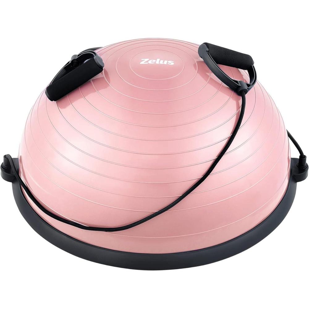 imageZELUS Balance Ball Trainer with Resistance Bands and Foot Pump Inflatable Yoga Ball for Home Gym Workouts 23 Inch Exercise Half Ball for Balance Training Core Strength Fitness More 330lb CapPastel pink