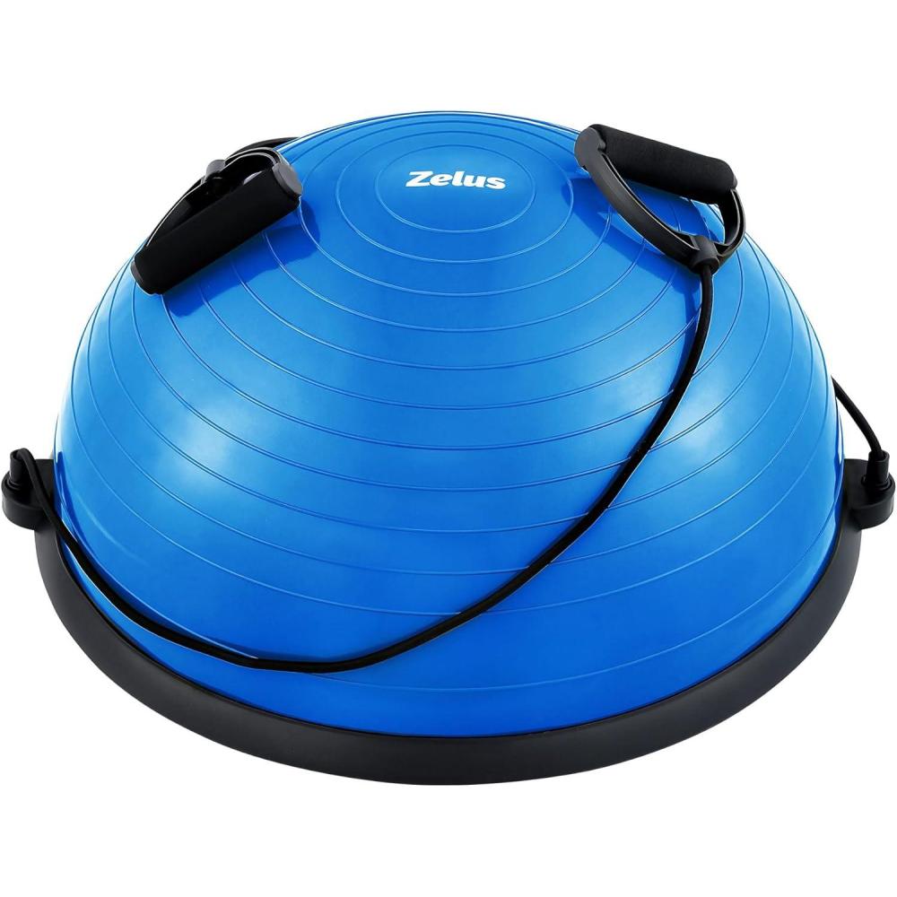 imageZELUS Balance Ball Trainer with Resistance Bands and Foot Pump Inflatable Yoga Ball for Home Gym Workouts 23 Inch Exercise Half Ball for Balance Training Core Strength Fitness More 330lb CapBlue