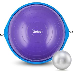 ZELUS 25in. Balance Ball | 660lb Inflatable Half Exercise Ball Wobble Board Balance Trainer w Nonslip Base | Half Yoga Ball Strength Training Equipment w 2 Bands, Pump, Extra Ball Included(Purple Surface/Blue Base)