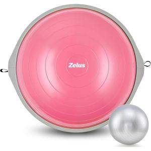 ZELUS 25in. Balance Ball | 660lb Inflatable Half Exercise Ball Wobble Board Balance Trainer w Nonslip Base | Half Yoga Ball Strength Training Equipment w 2 Bands, Pump, Extra Ball Included(Pink Surface/Gray Base)