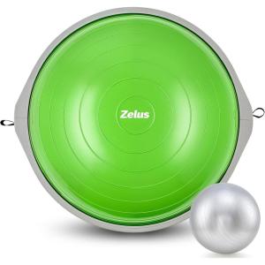 ZELUS 25in. Balance Ball | 660lb Inflatable Half Exercise Ball Wobble Board Balance Trainer w Nonslip Base | Half Yoga Ball Strength Training Equipment w 2 Bands, Pump, Extra Ball Included(Green Surface/Gray Base)