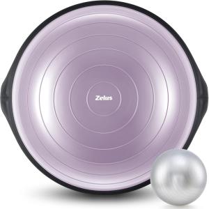 ZELUS 25in. Balance Ball | 660lb Inflatable Half Exercise Ball Wobble Board Balance Trainer w Nonslip Base | Half Yoga Ball Strength Training Equipment w 2 Bands, Pump, Extra Ball Included(Lilac)