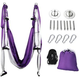 ZELUS Aerial Yoga Swing Sling Strong Yoga Hammock Kit Set Trapeze Inversion Equipment Include 2 Extensions Straps and Ceiling Mounting Kit(Purple and White)
