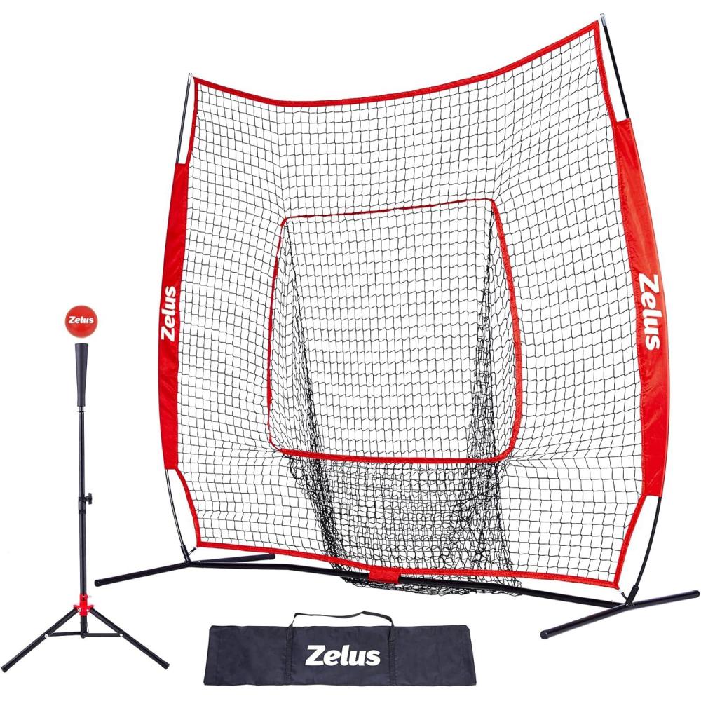 imageZELUS 7x7ft Baseball Net Baseball Softball Practice Net with Tee Baseballs and Carry Bag for Batting Hitting and PitchingNet and teeRed