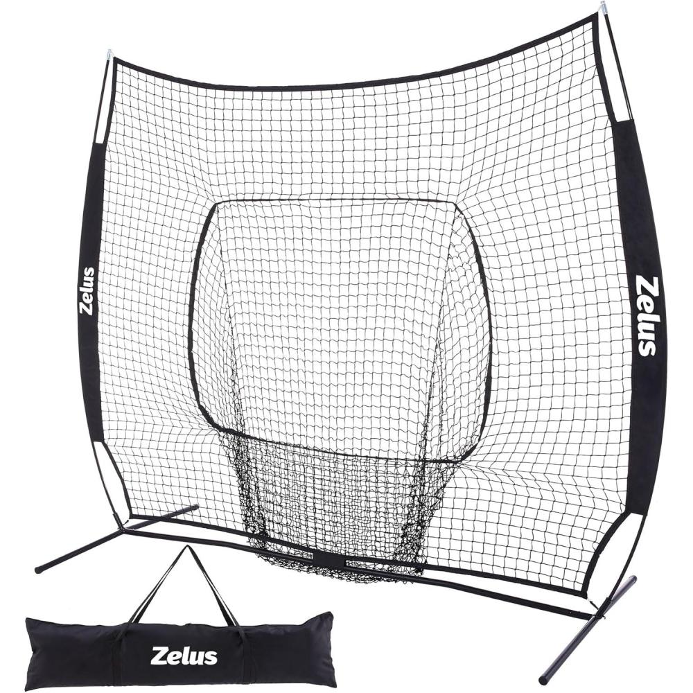 imageZELUS Baseball Net 7 ft x7 ft Softball Hitting ampamp Pitching with Carry Bag Ground Stakes Portable Backstop ampamp Bow Frame Training Equipment for All AgesBlack